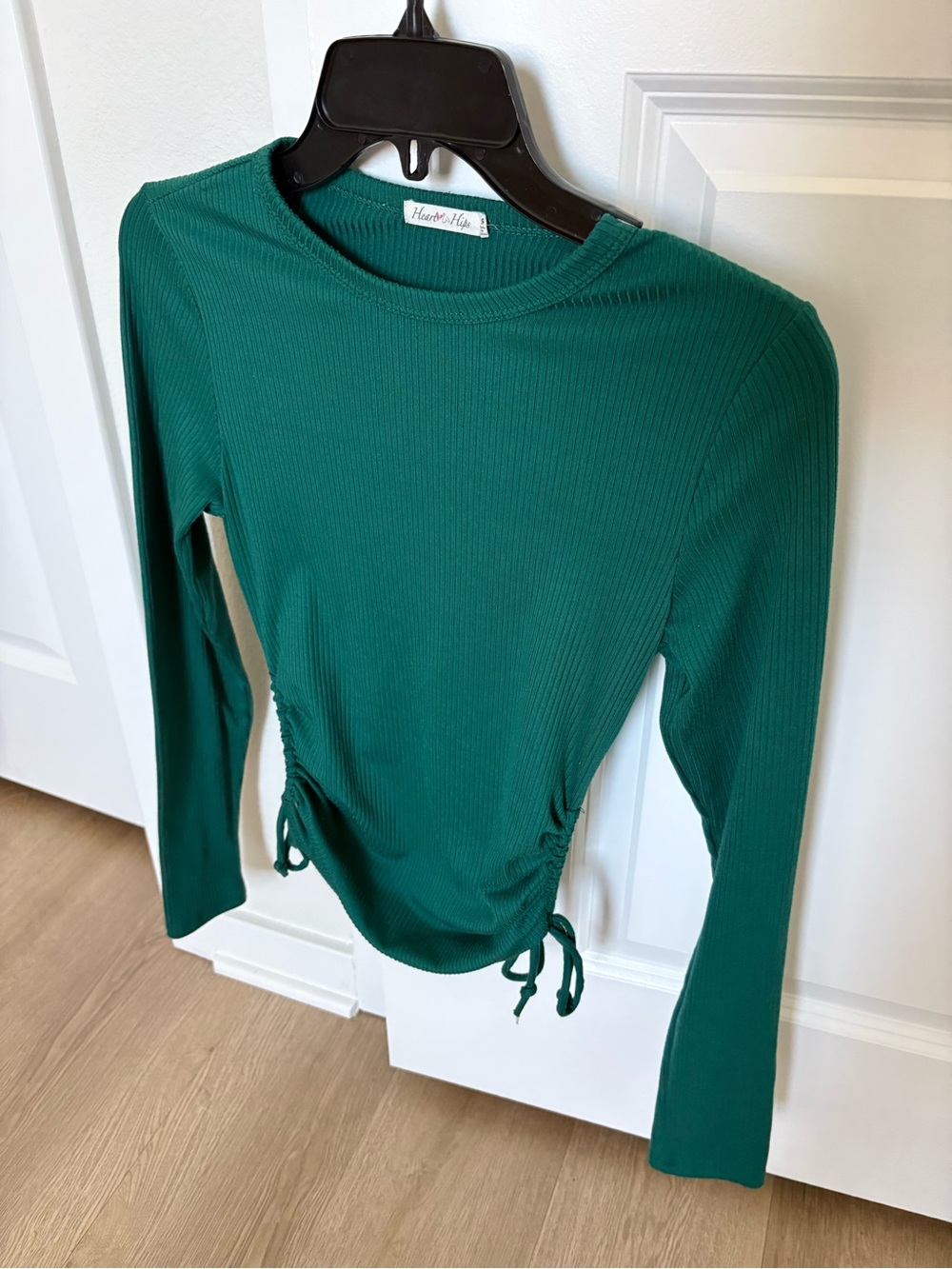 Teal Ribbed Long-Sleeve Top with Side Drawstrings